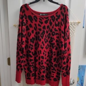 New York & Company Red and Black Leopard Scoop Neck Sweater